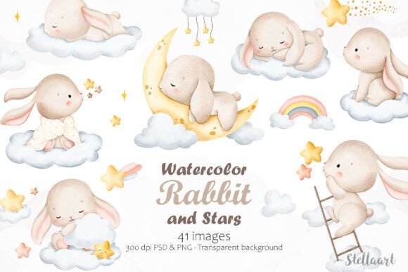Download Watercolor Rabbits and Stars - Color Collection