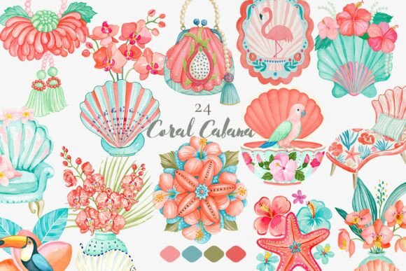 Download Coral Cabana Watercolor Clipart Set - Color Collection