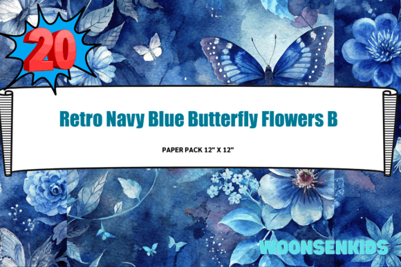 Download New Retro Navy Blue Butterfly Flowers Background Watercolor Png Kdp Digital Paper - Color Collection