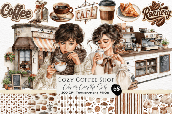 Download Cozy Coffee Shop Watercolor Clipart Set - Color Collection