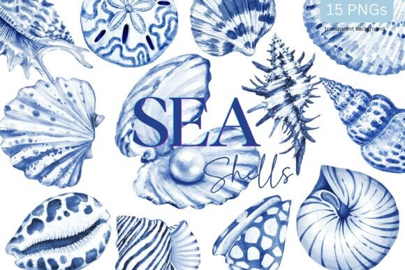 Download Sea Shells Toile Blue Watercolor Coastal - Color Collection