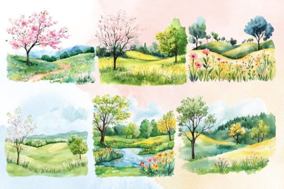 Download Watercolor Spring Landscape Clipart - Color Collection