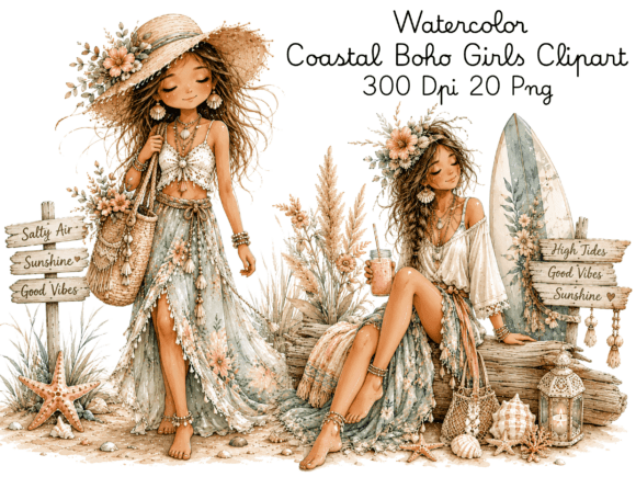 Download Watercolor Coastal Boho Girls Clipart Bu - Color Collection
