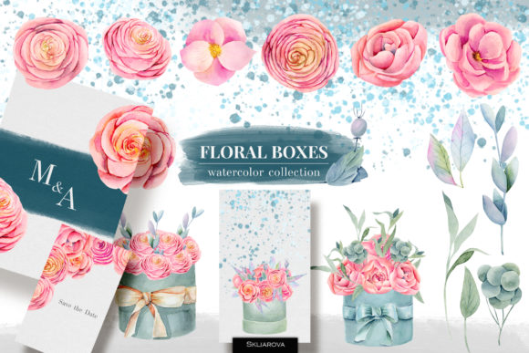 Download Floral Boxes. Watercolor Floral Elements - Color Collection