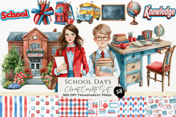Download School Days Watercolor Clipart Set - Color Collection