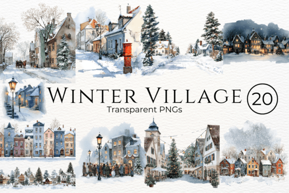 Download Winter Village Watercolor Clipart - Color Collection
