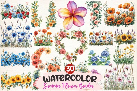 Download Watercolor Summer Flower Border Clipart - Summer flower Collection