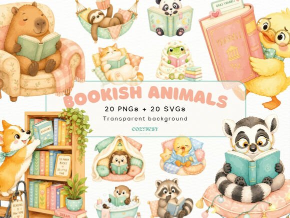 Download Bookish Cute Animals Watercolor Cliparts - Color Collection