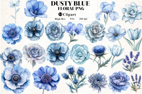 Download Dusty Blue Watercolor Floral Clipart - Color Collection