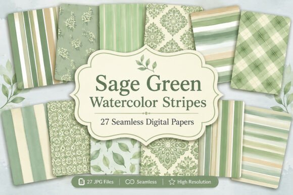 Download Sage Green Watercolor Stripes Digital - Color Collection